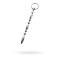 Silver metal urethral plug with beaded design and ring at base for added stimulation.