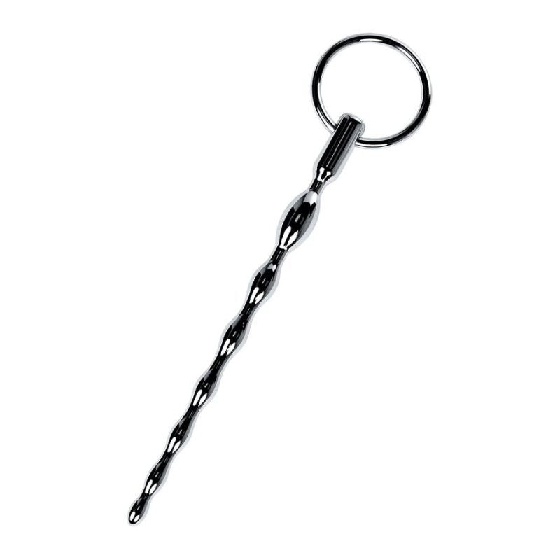 Silver metal urethral plug featuring a braided design with a ring for easy handling and stimulation.