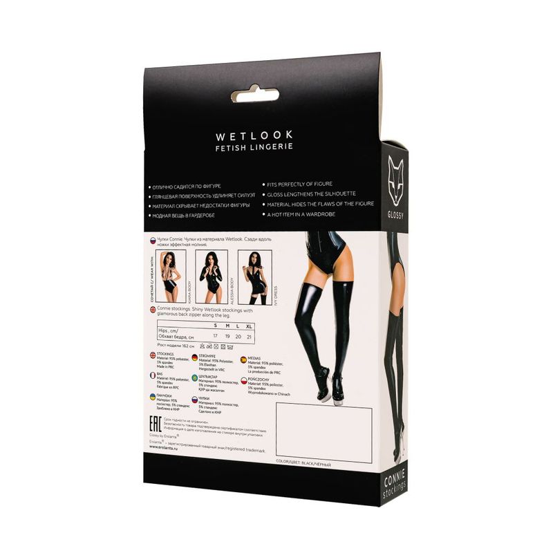 Glossy Wetlook Connie Zipper Stockings packaging featuring wetlook zipper stockings in black gloss stretch material.
