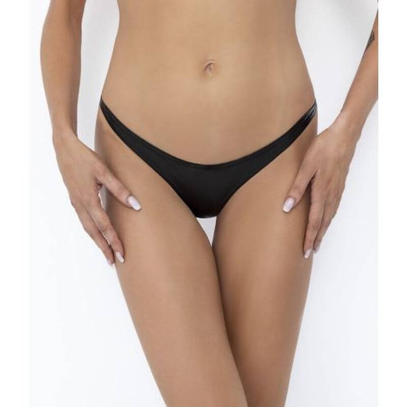 Model wearing a stylish snake wetlook thong, showcasing a sexy design and comfortable fit.