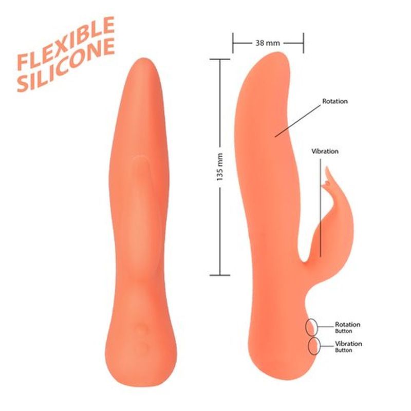 Blossom Swan dual action rabbit vibrator showing flexible silicone design and control buttons for rotation and vibration.