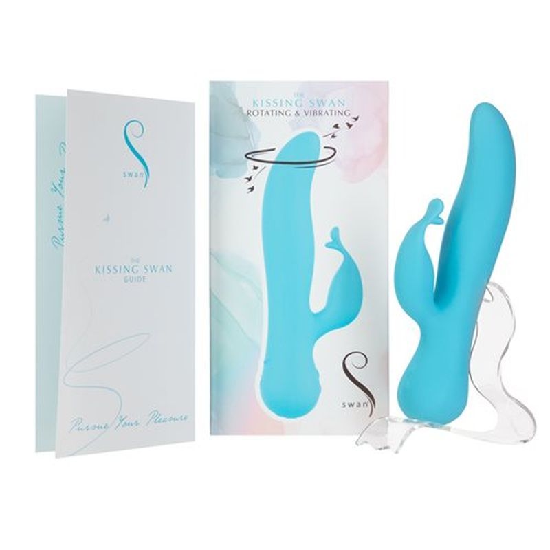 Kissing Swan Rabbit Vibrator with guide, featuring a blue dual action design for intimate essentials for her.
