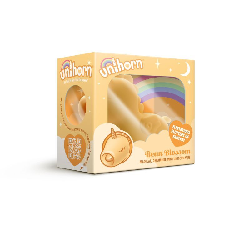 Unihorn Bean Blossom unicorn vibrator with soft silicone packaging featuring rainbow and playful design.