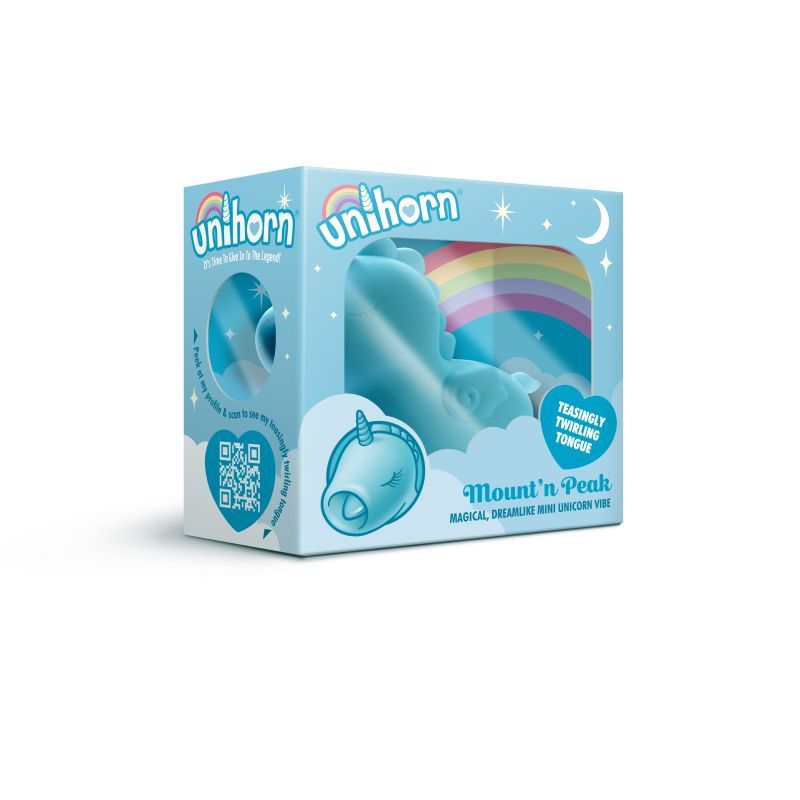 Unihorn Mount N Peak vibrator packaging with whimsical design and teasingly twirling tongue feature.