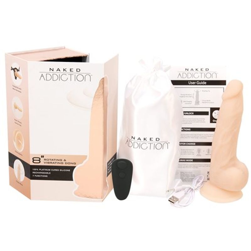Rotating 8in Vibrating Dildo w Remote Vanilla in packaging with user guide and accessories.