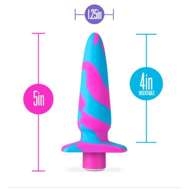 Avant Vibrotize Silicone Mini Anal Vibe in fuchsia and blue with dimensions of 5in height and 4in insertable length.