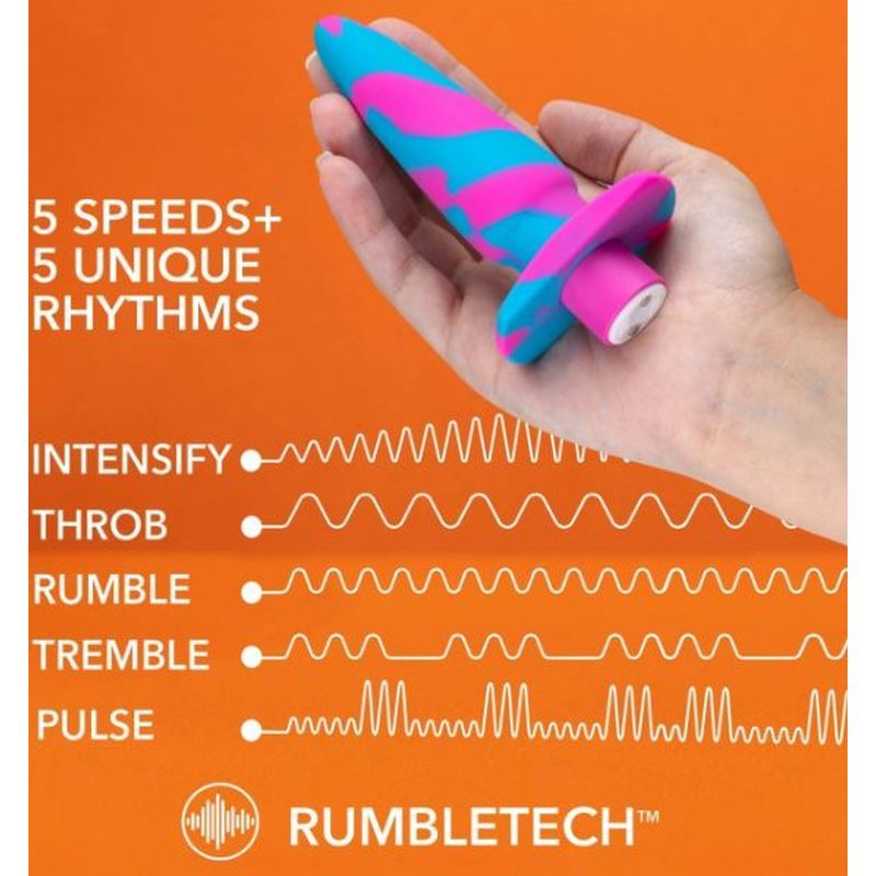 Avant Vibrotize Silicone Mini Anal Vibe Fuchsia showcasing 5 speeds and 5 unique rhythms with RumbleTech technology.