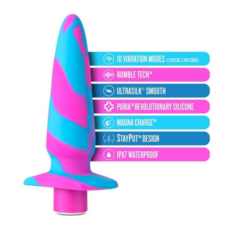 Avant Vibrotize silicone mini anal vibrator showcasing features like 10 vibration modes, waterproof design, and Puria silicone.