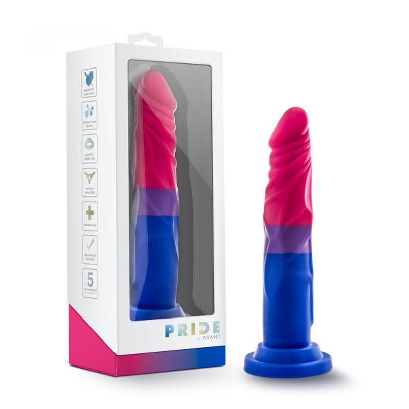 Avant Pride P8 Silicone Dildo in packaging, a colorful silicone dildo for pleasure with strong suction base.