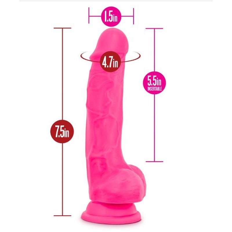 Image of Ruse Hypnotize hot pink dildo showcasing its dimensions of 7.5 inches insertable length and 1.5 inches width.