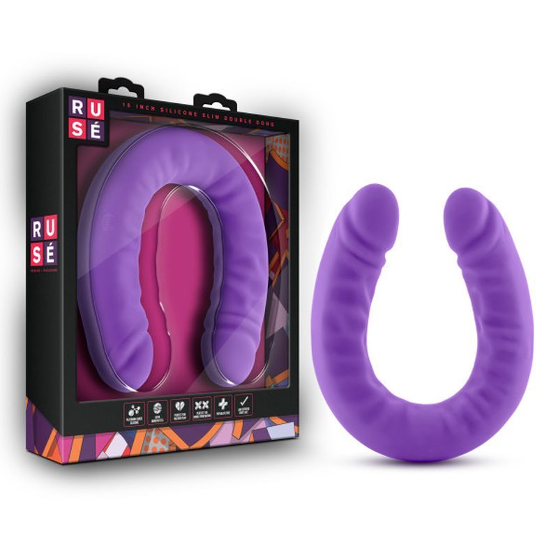 Ruse Silicone Slim 18in Purple Double Dong, a purple silicone double dildo in packaging.