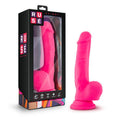Ruse Shimmy hot pink dildo in packaging, featuring a realistic design and strong suction base.