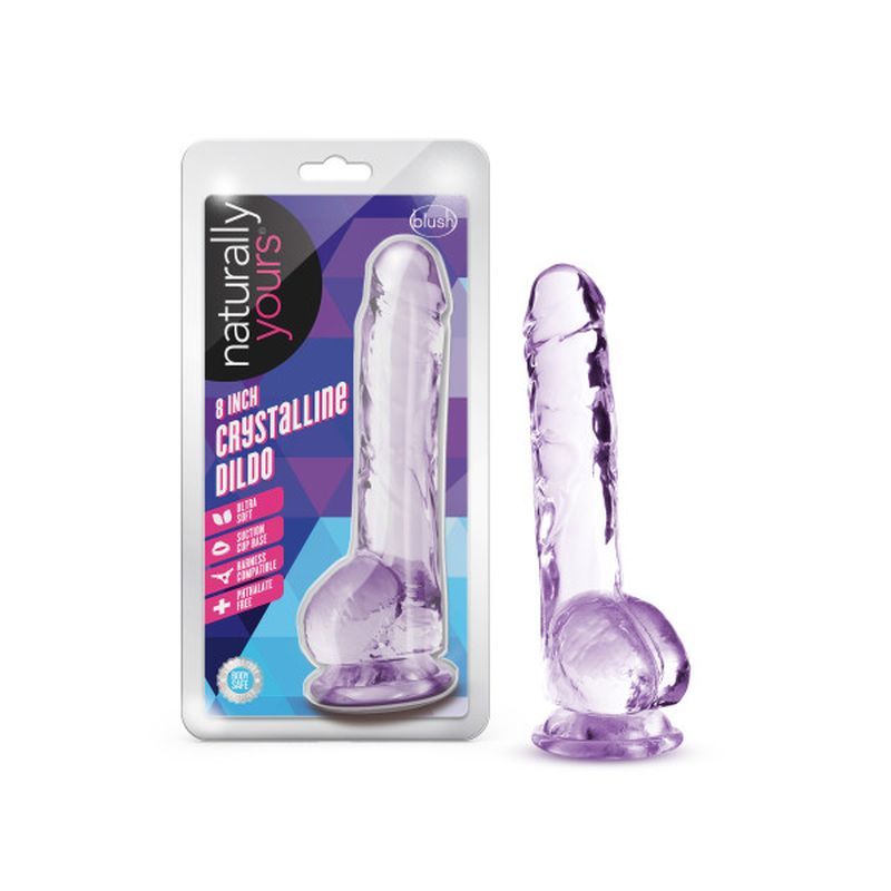 Naturally Yours 8 inch crystal dildo in packaging, showcasing its lifelike design and suction cup base.