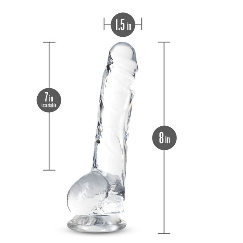 8 inch crystal dildo with a 1.5 inch width, 7 inch insertable length, and a suction cup base for versatile play.