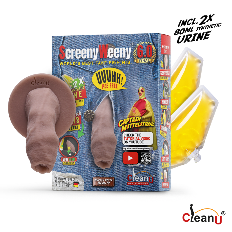 Screeny Weeny 6.0 product image featuring fake penis with synthetic urine and packaging.