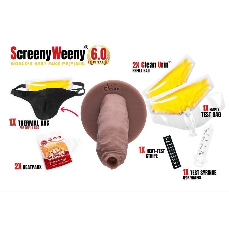 Screeny Weeny 6.0 fake penis with synthetic urine kit including thermal bag, refill bags, and accessories.