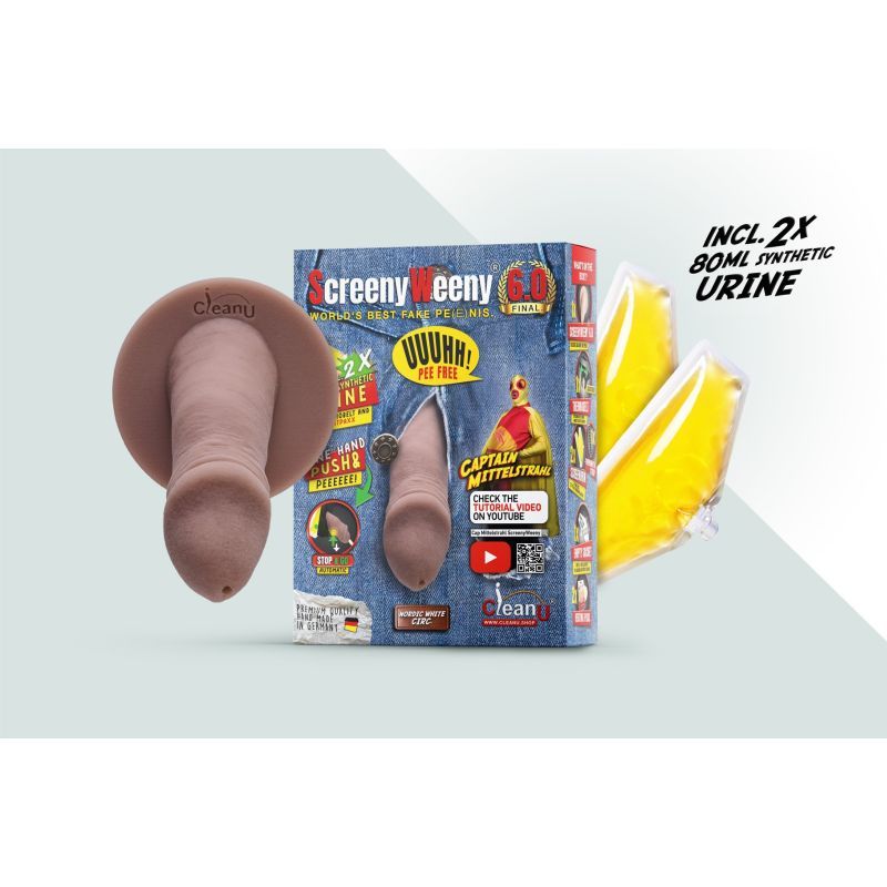 Screeny Weeny 6.0 fake penis for synthetic urine pack with 2x 80ml synthetic urine and practice bag.