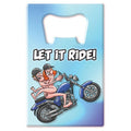 Funky bottle opener design featuring a playful illustration of a motorcycle with two riders saying 'Let It Ride'.