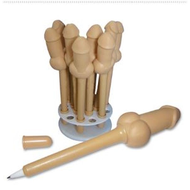 Squishy pecker pens displayed in a holder, ideal for a gag gift pecker pens party or celebration.