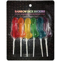 Rainbow dick shaped suckers pack with six colorful flavors: strawberry, orange, banana, lime, blue raspberry, and grape.