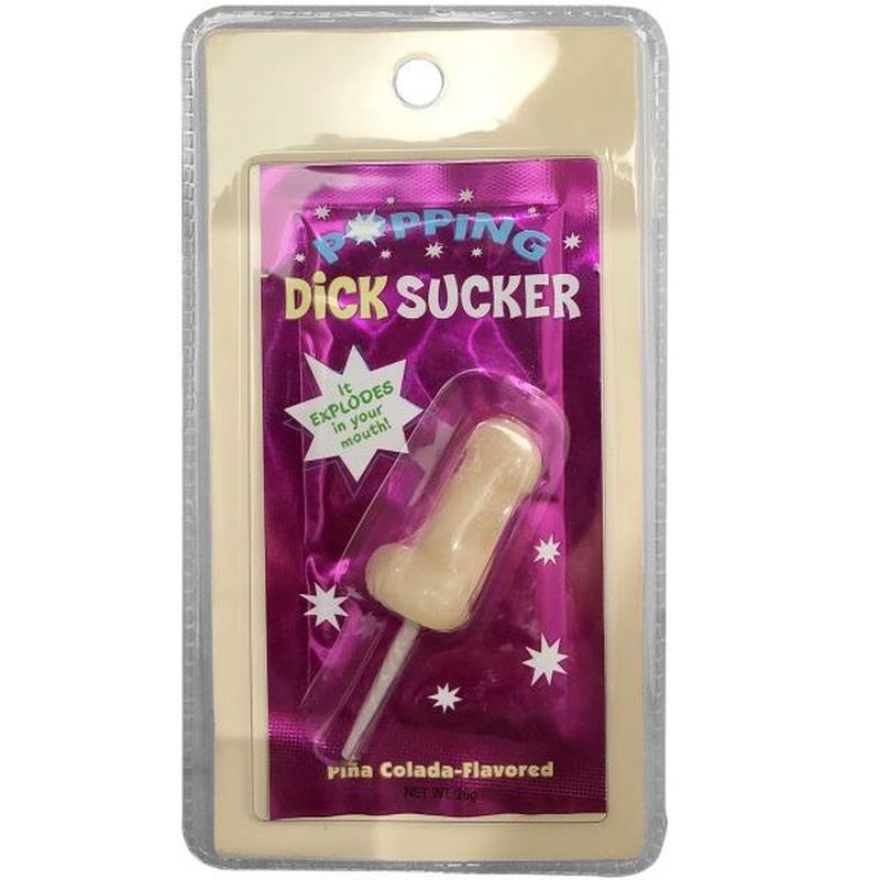 Popping Dick Sucker in packaging, a Pina Colada flavored novelty candy that explodes in your mouth.