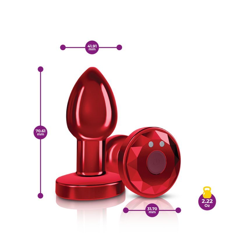 Cheeky Charms red rechargeable vibrating butt plug with remote, tapered design for easy insertion and comfortable wear.