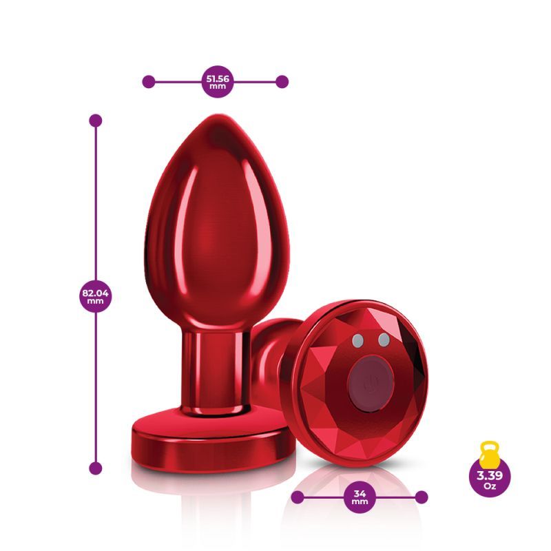 Cheeky Charms red rechargeable vibrating butt plug with remote showcasing size dimensions and design features.