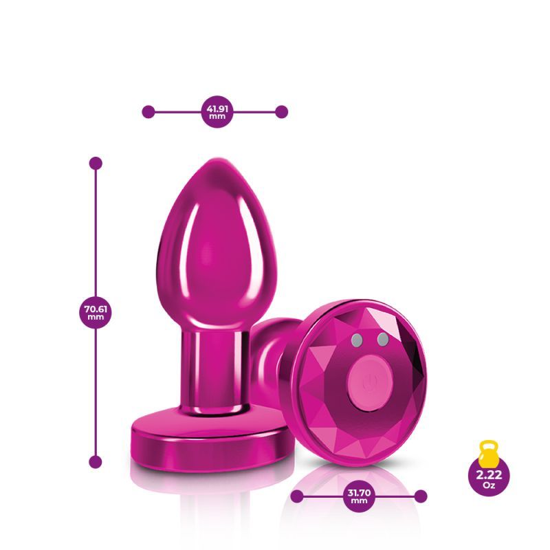 Cheeky Charms pink rechargeable vibrating butt plug with remote specifications and dimensions.