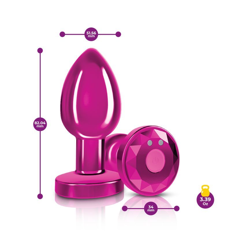 Cheeky Charms pink rechargeable vibrating butt plug, medium size, featuring tapered design and remote control.