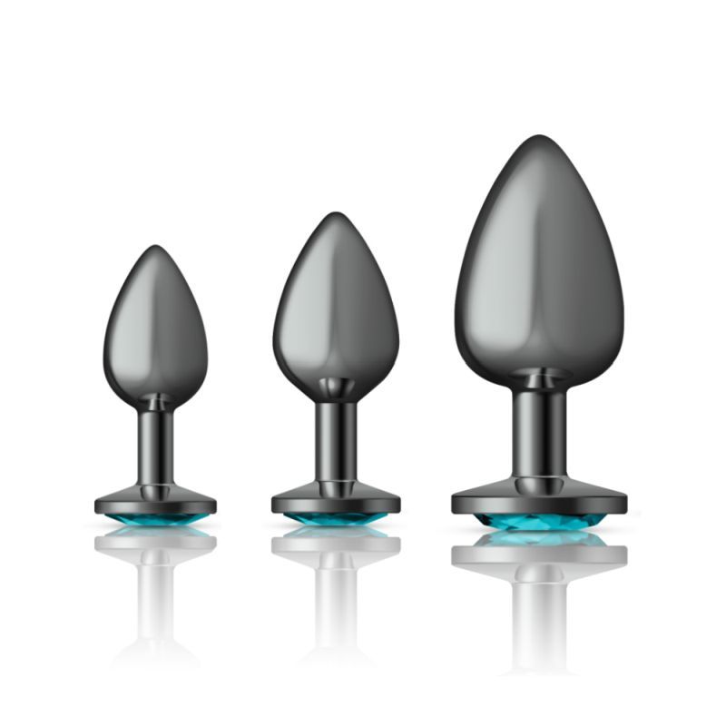 Cheeky Charms round metal butt plug kit in gunmetal with teal jeweled bases for sensual training.
