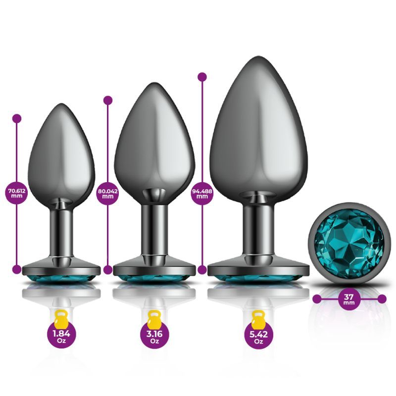 Cheeky Charms metal butt plug kit displayed in three sizes with teal gems, showcasing small, medium, and large plugs.