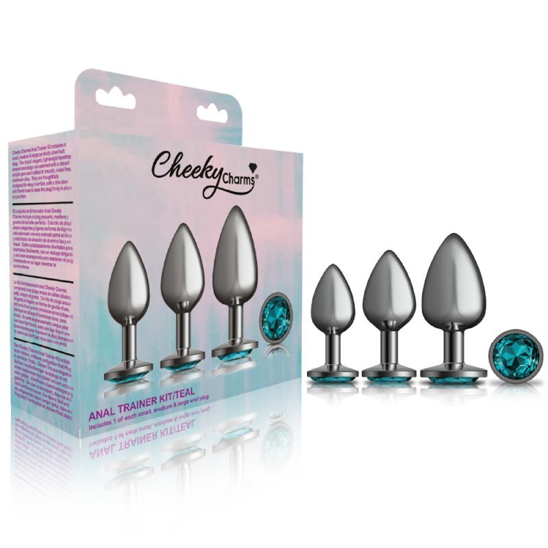 Cheeky Charms metal butt plug kit featuring three metal anal plugs with teal jewels in a stylish packaging.