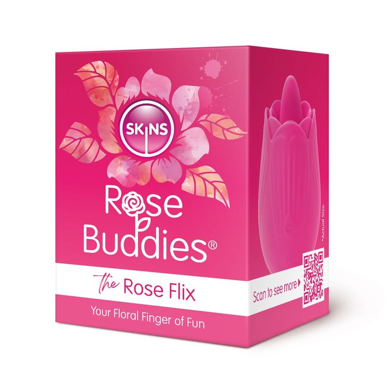 Skins Rose Buddies The Rose Flix packaging featuring discreet silicone clitoral vibrator design in vibrant colors.