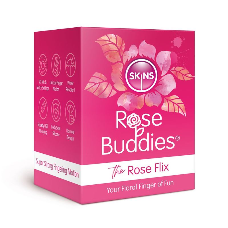 Skins Rose Buddies The Rose Flix box packaging showcasing the discreet silicone clitoral vibrator features and design.