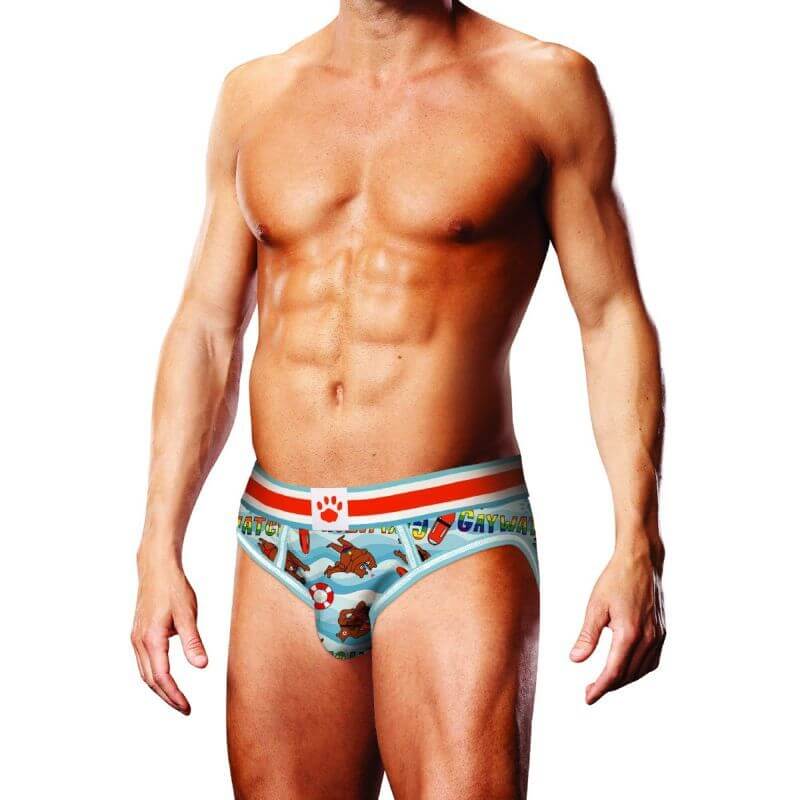 Model wearing Prowler Gaywatch Bears Open Back Brief, showcasing fun and playful design for open back briefs for gay men.