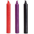 Japanese drip candles for hot wax play in red, purple, and black, ideal for adventurous couples and extreme sensations.