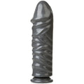 Bunker Buster 10.7 inch anal dildo in gun metal with ribbed design and suction cup base for secure play.