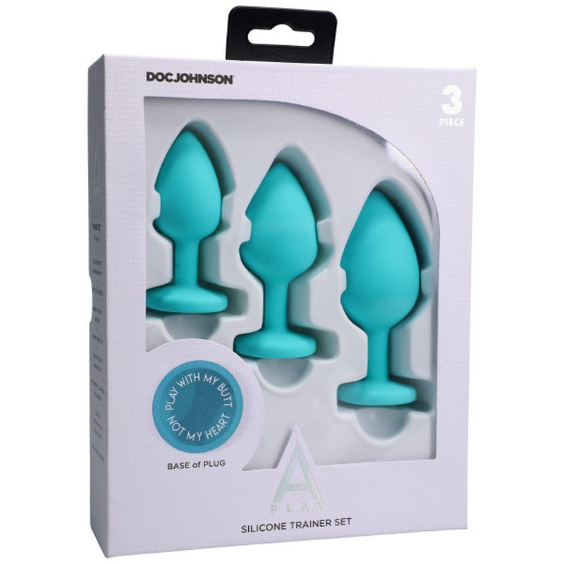 Silicone anal trainer set 3 piece kit featuring three teal silicone spade butt plugs for beginners and comfort.