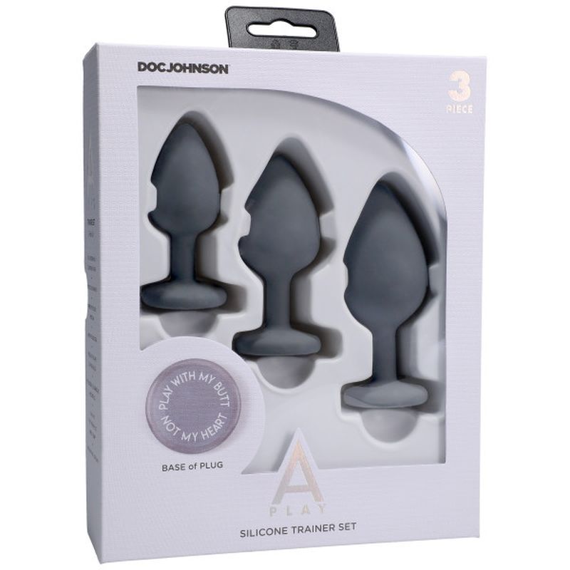 Silicone Anal Trainer Set 3 Pc Grey featuring tapered butt plugs in a sleek packaging for comfortable anal play.