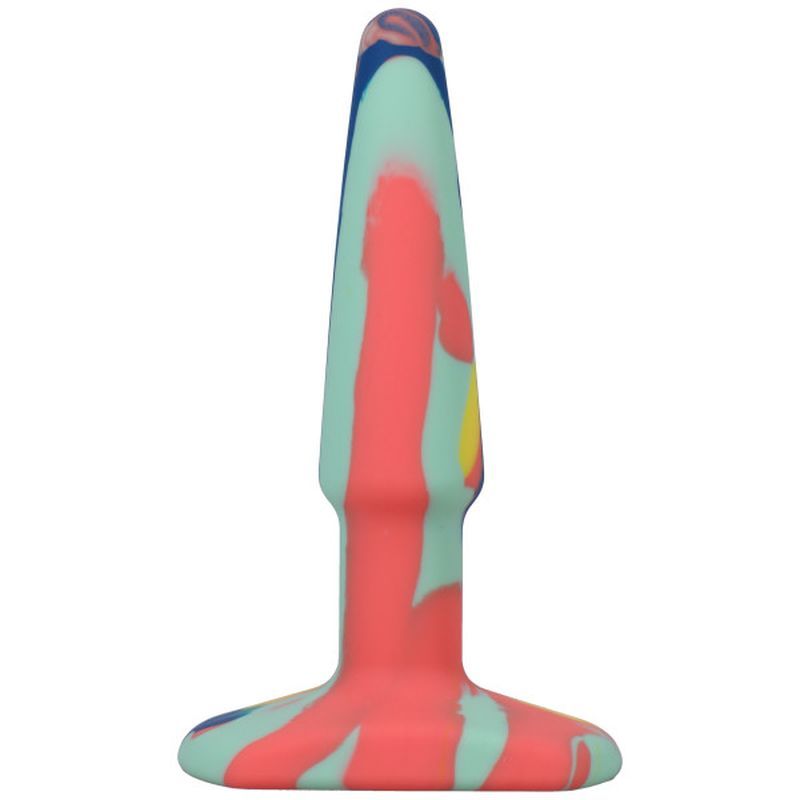 Groovy silicone anal plug 4in Sunrise with a tapered tip and wide base in colorful design, made from health-grade silicone.