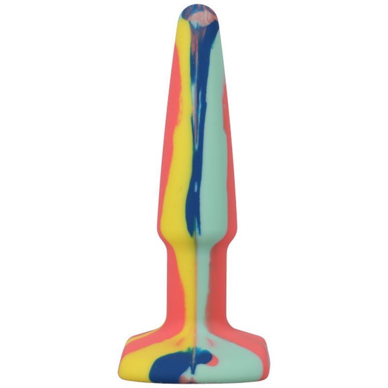 Groovy silicone anal plug with a tapered tip and wide base in multi-color design.