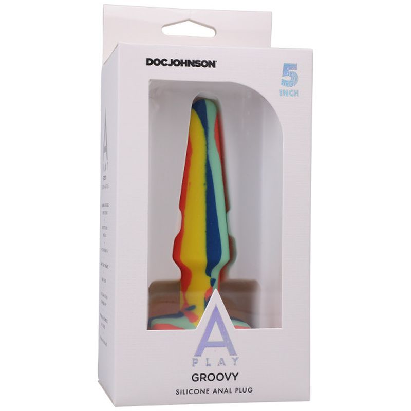 Groovy Silicone Anal Plug 5in Sunrise in colorful packaging highlighting its tapered design and wide base.