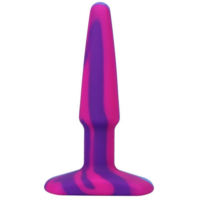 Groovy silicone anal plug 4inch in multi-colored pink and purple design with tapered tip and wide base.