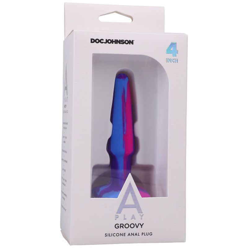 A-Play Groovy Silicone Anal Plug 4inch in packaging showcasing its vibrant multi-colored design.