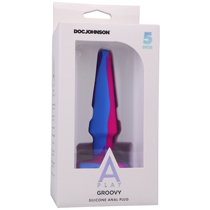 A-Play Groovy Silicone Anal Plug 5in in colorful packaging, highlighting its soft, health-grade silicone material.