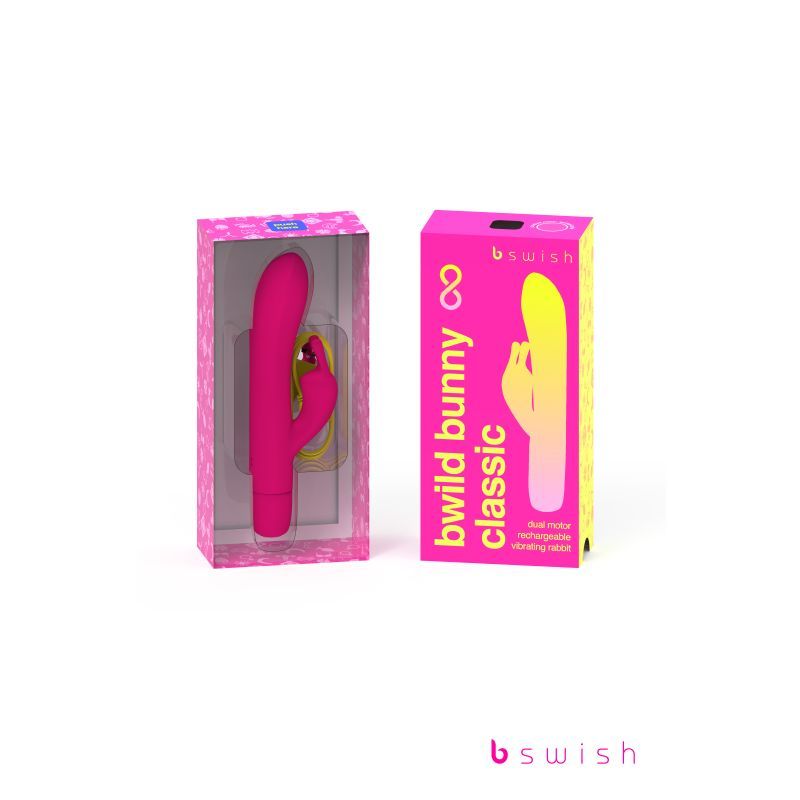 Bwild Bunny Classic Infinite Sunset Pink rechargeable rabbit vibrator in packaging with playful design.