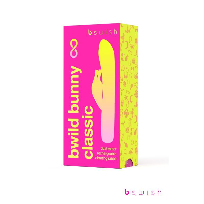 Bwild Bunny Classic Infinite Sunset Pink packaging for a rechargeable rabbit vibrator, featuring dual motor and vibrant design.