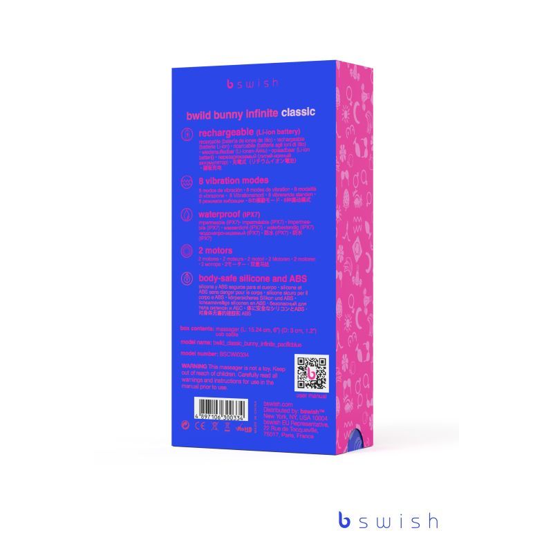 Bwild Bunny Classic Infinite Pacific Blue packaging for a rechargeable waterproof rabbit vibrator with 8 vibrating modes.