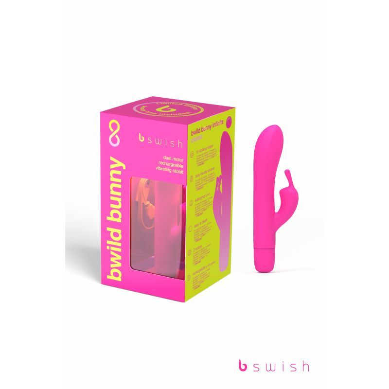 Bwild Bunny Classic Infinite limited edition rabbit vibrator in sunset pink packaging with travel bag included.