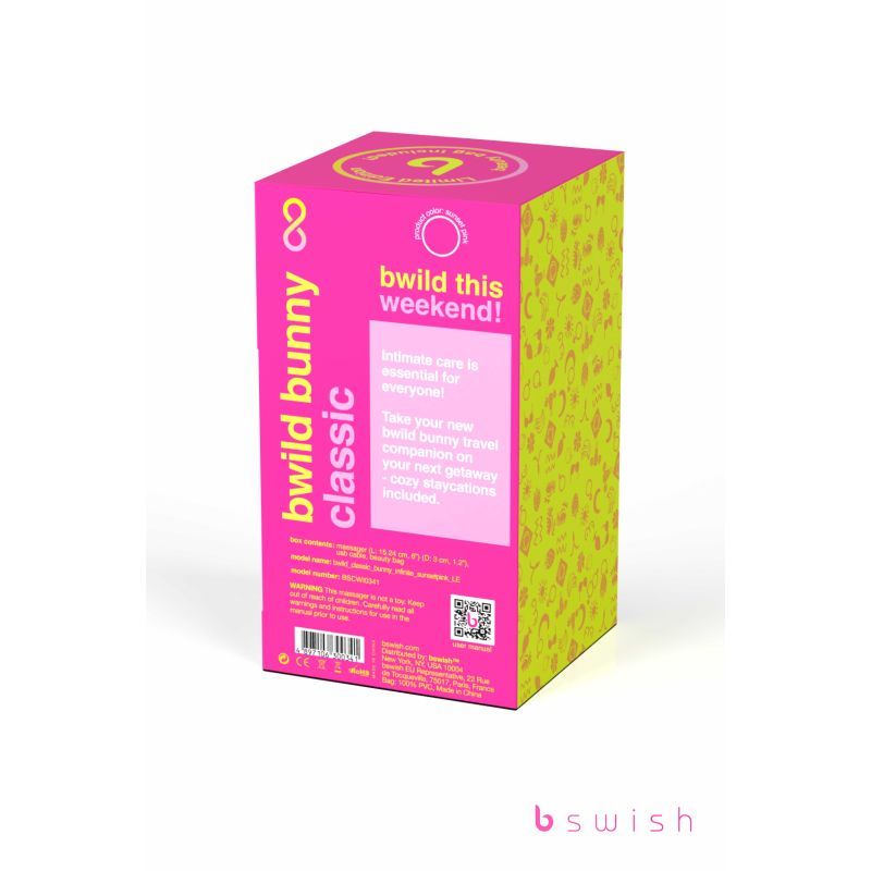 Bwild Bunny Classic Infinite Limited Edition Sunset Pink packaging, featuring playful design and information about the limited edition rabbit vibrator.